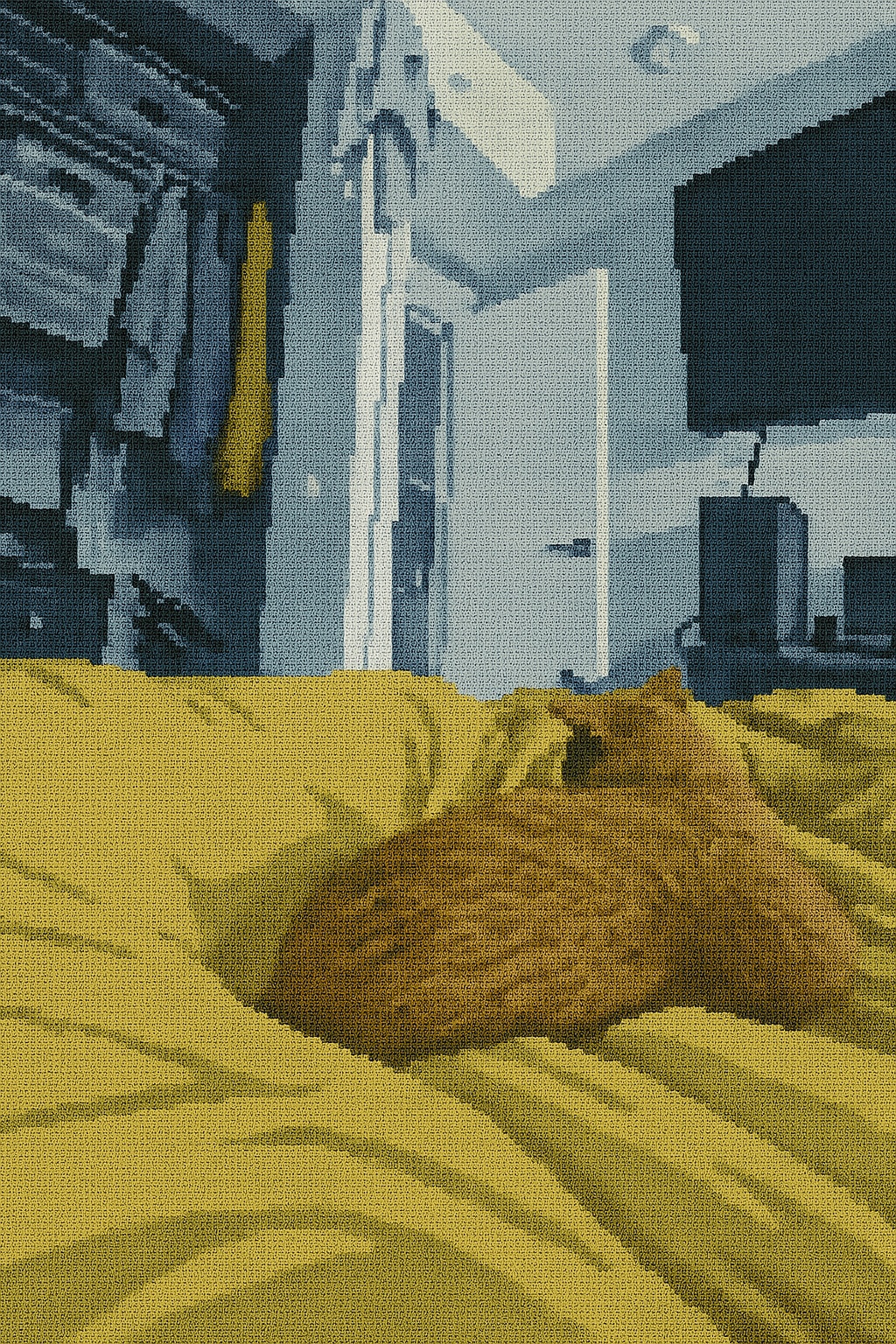 A bedroom from the bed: a yellow blanket, a sleeping orange cat, the closet and the door.